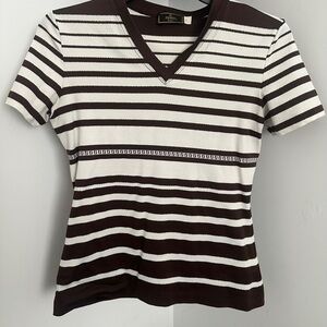 Fendi Chocolate and Cream Striped V-Neck Tee